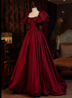 Wine Red Short Sleeves Floor Length Long Evening Dresses, Ball Gown Formal Dresses