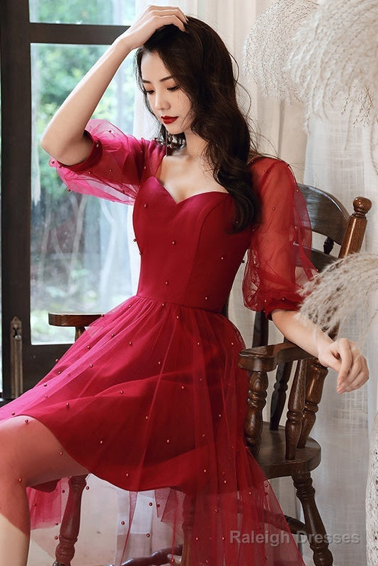 Wine Red Short Sleeves Homecoming Dress Prom Dress, Wine Red Party Dress Secondary image