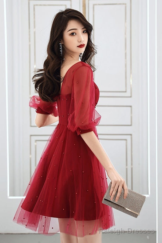 Wine Red Short Sleeves Homecoming Dress Prom Dress, Wine Red Party Dress