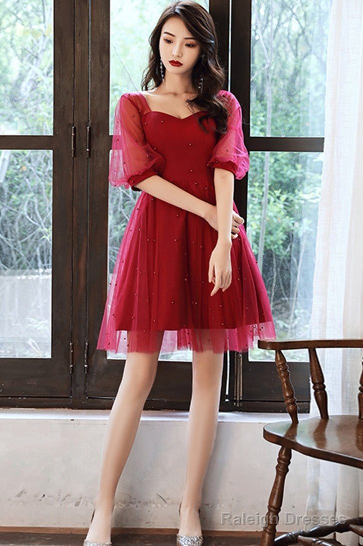 Wine Red Short Sleeves Homecoming Dress Prom Dress, Wine Red Party Dress Main image