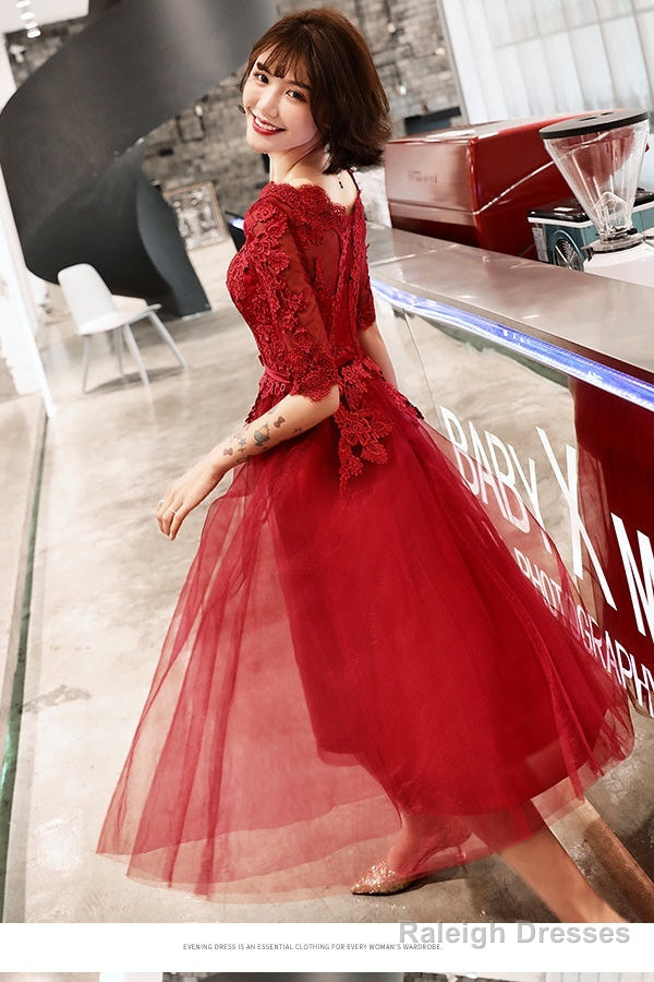 Wine Red Short Sleeves Lace And Tulle Lovely Homecoming Dresses Wine Red Prom Dresseses Secondary image