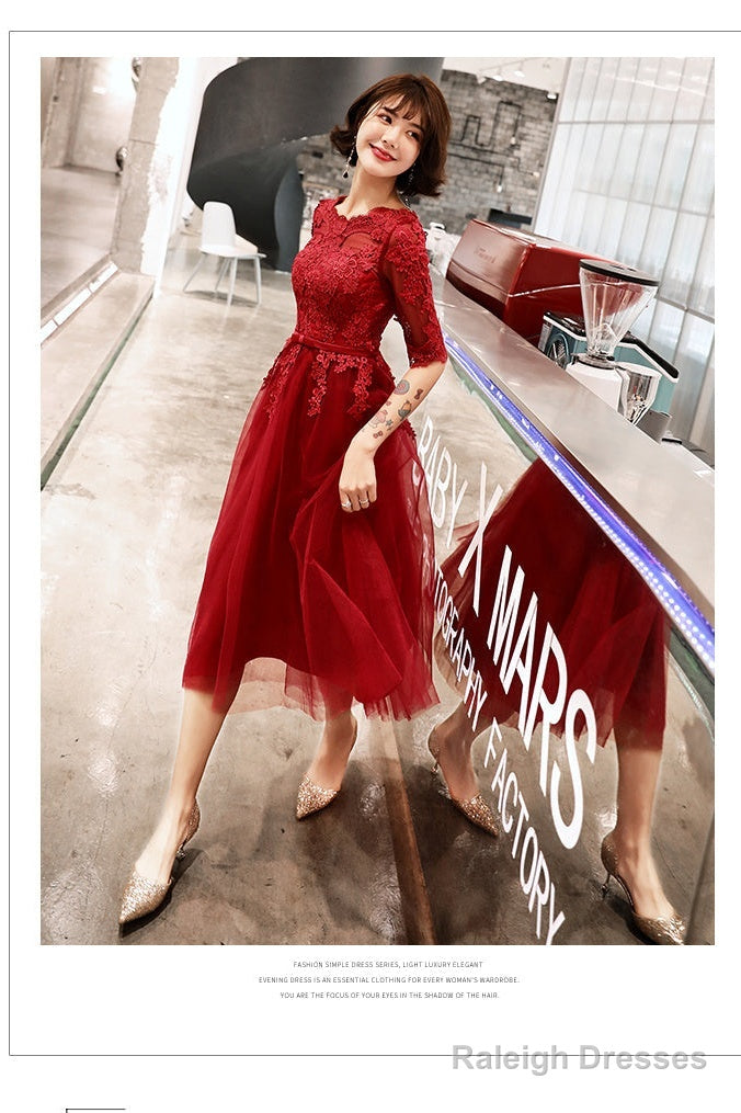 Wine Red Short Sleeves Lace And Tulle Lovely Homecoming Dresses Wine Red Prom Dresseses