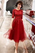 Wine Red Short Sleeves Lace And Tulle Lovely Homecoming Dresses Wine Red Prom Dresseses