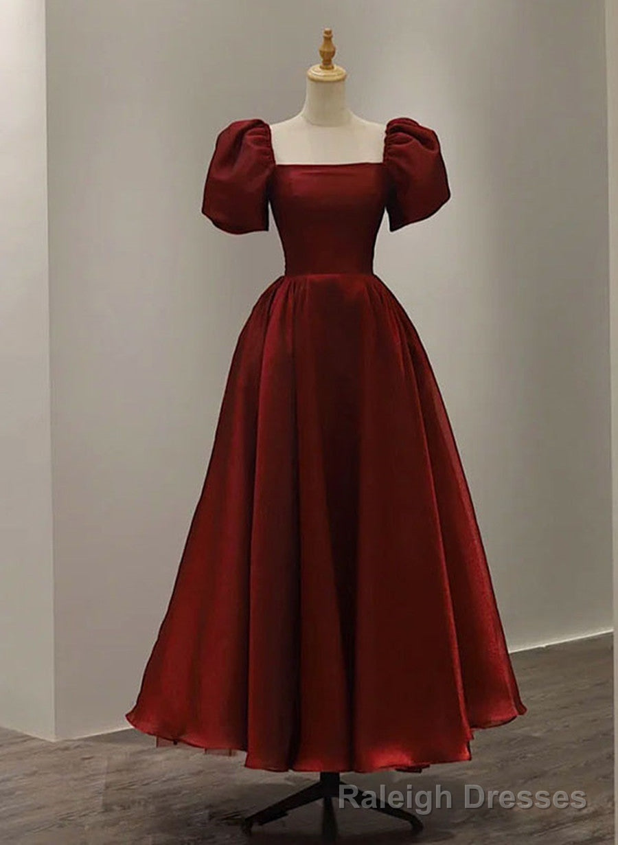 Wine Red Short Sleeves Tea Length Wedding Prom Dress, Wine Red Prom Dress Main image
