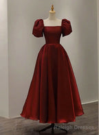 Wine Red Short Sleeves Tea Length Wedding Prom Dress, Wine Red Prom Dress
