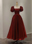 Wine Red Short Sleeves Tea Length Wedding Prom Dress, Wine Red Prom Dress