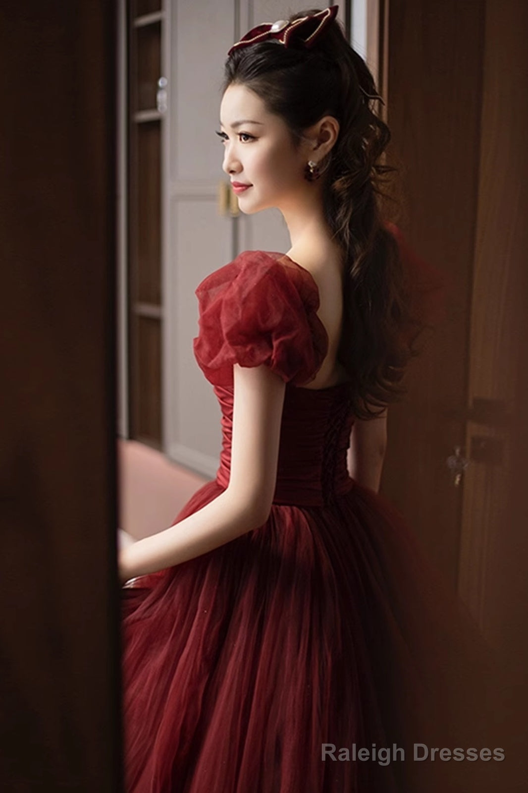 Wine Red Short Sleeves Tulle Long Party Dress, Wine Red A-Line Floor Length Prom Dress