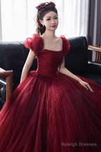 Wine Red Short Sleeves Tulle Long Party Dress, Wine Red A-Line Floor Length Prom Dress