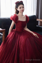 Wine Red Short Sleeves Tulle Long Prom Dresses Wine Red A-Line Floor Length Prom Dresses