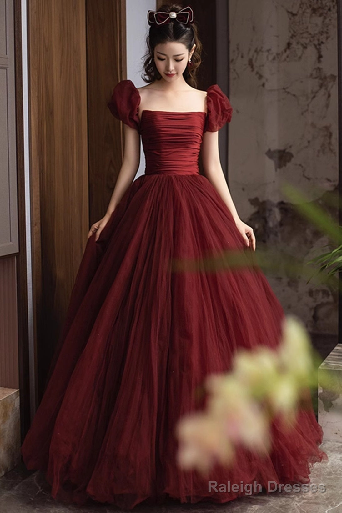 Wine Red Short Sleeves Tulle Long Party Dress, Wine Red A-Line Floor Length Prom Dress Main image