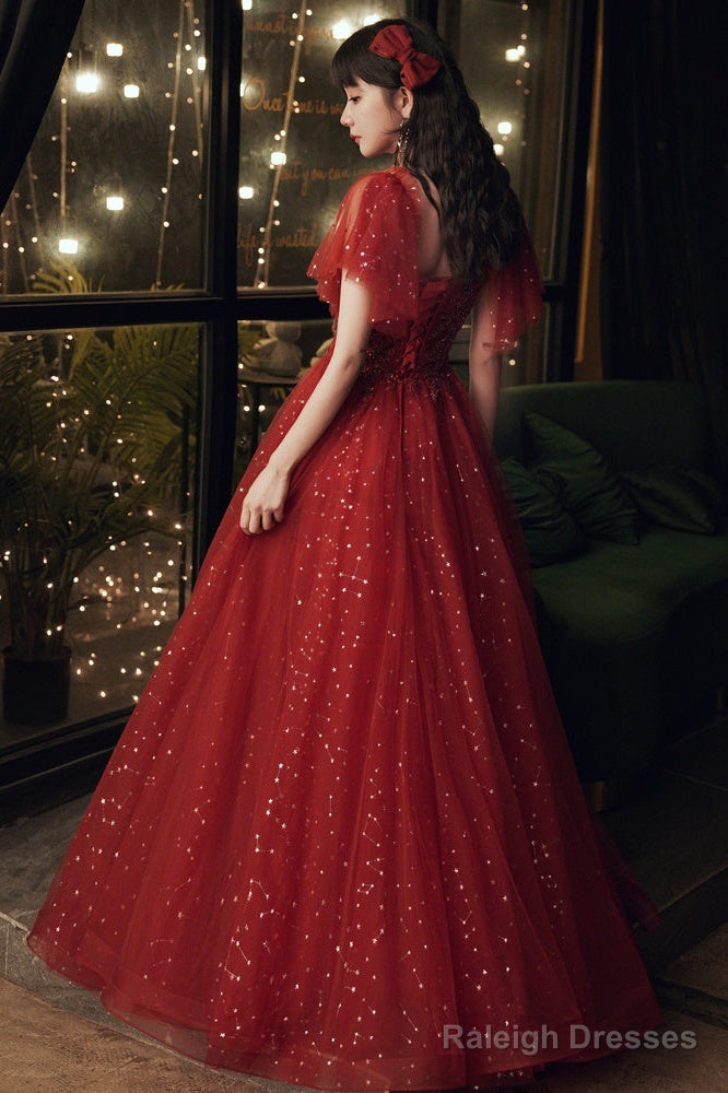 Wine Red Short Sleeves Tulle With Lace Long Party Dress, Wine Red Prom Dress