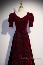 Wine Red Short Sleeves Velvet Long Formal Dress, Wine Red Evening Dress Prom Dress