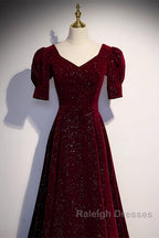 Wine Red Short Sleeves Velvet Long Prom Dresses Wine Red Prom Dresseses