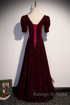 Wine Red Short Sleeves Velvet Long Prom Dresses Wine Red Prom Dresseses