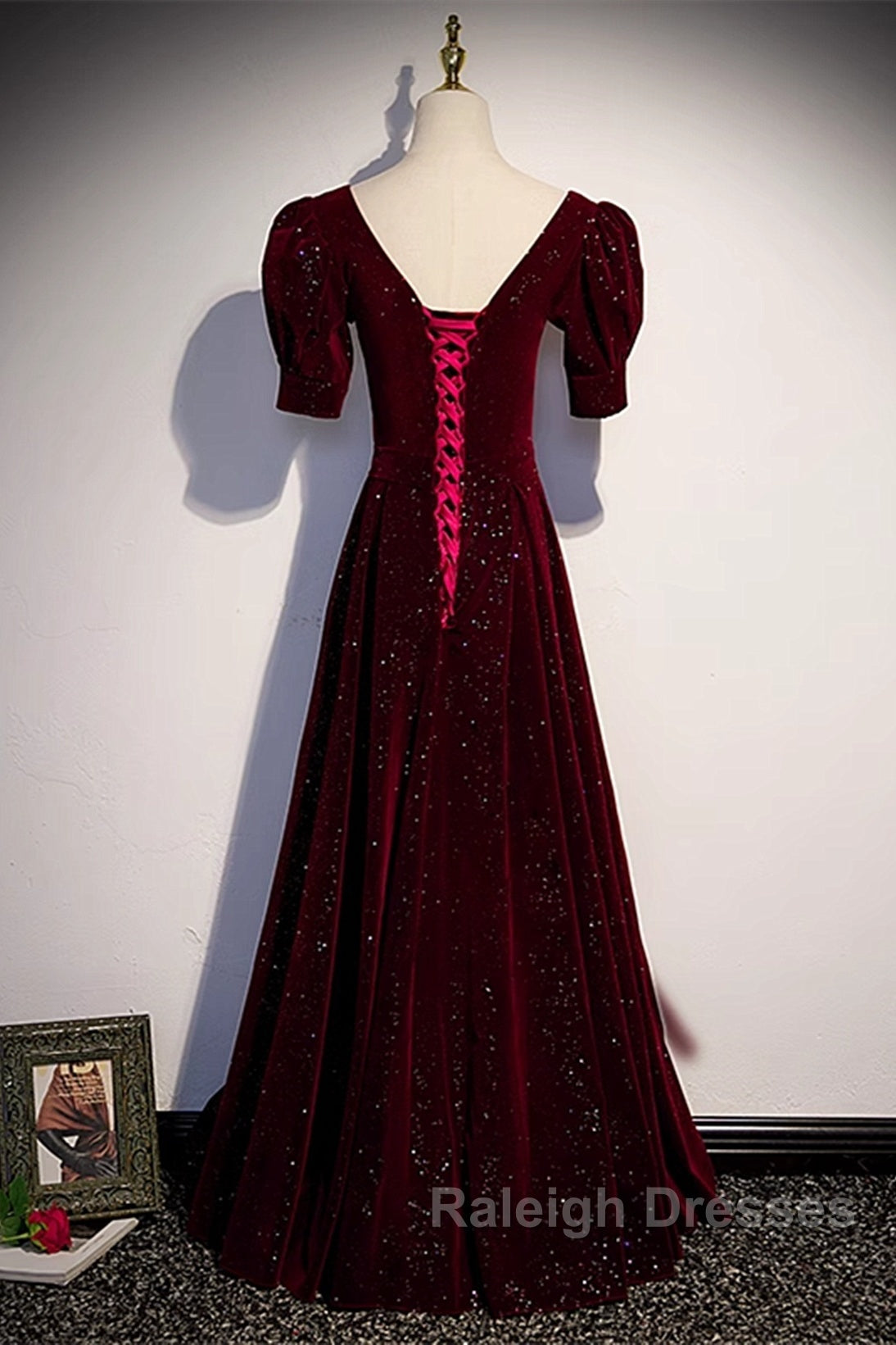 Wine Red Short Sleeves Velvet Long Prom Dresses Wine Red Prom Dresseses