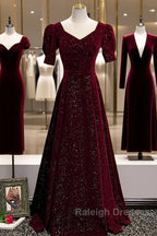 Wine Red Short Sleeves Velvet Long Formal Dress, Wine Red Evening Dress Prom Dress