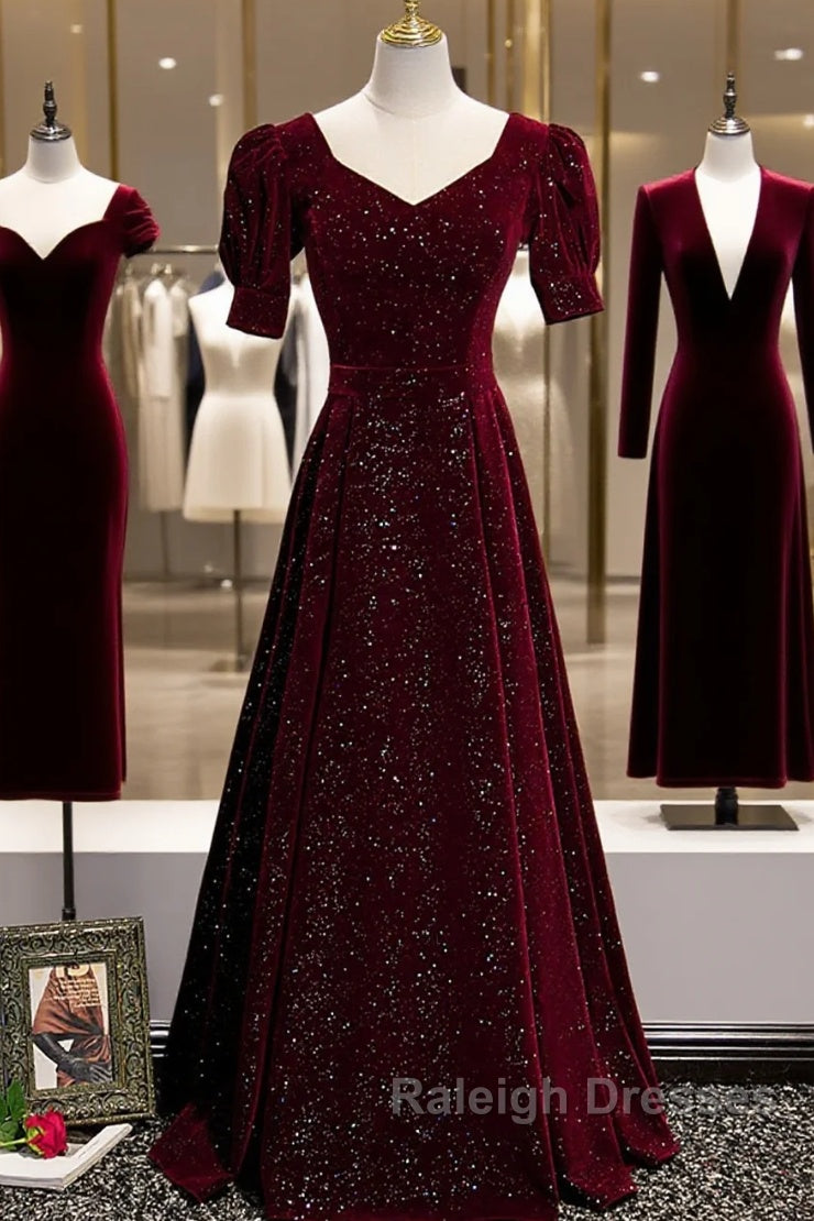 Wine Red Short Sleeves Velvet Long Formal Dress, Wine Red Evening Dress Prom Dress