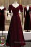 Wine Red Short Sleeves Velvet Long Prom Dresses Wine Red Prom Dresseses