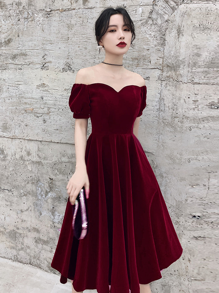 Wine Red Short Velvet Evening Dresses, Off Shoulder Prom Dresses Bridesmaid Dress Secondary image