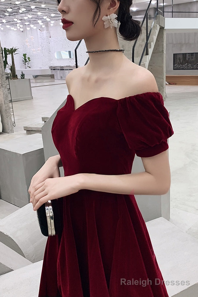 Wine Red Short Velvet Evening Dresses, Off Shoulder Prom Dresses Bridesmaid Dress