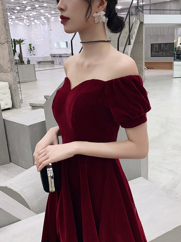 Wine Red Short Velvet Evening Dresses, Off Shoulder Prom Dresses Bridesmaid Dress
