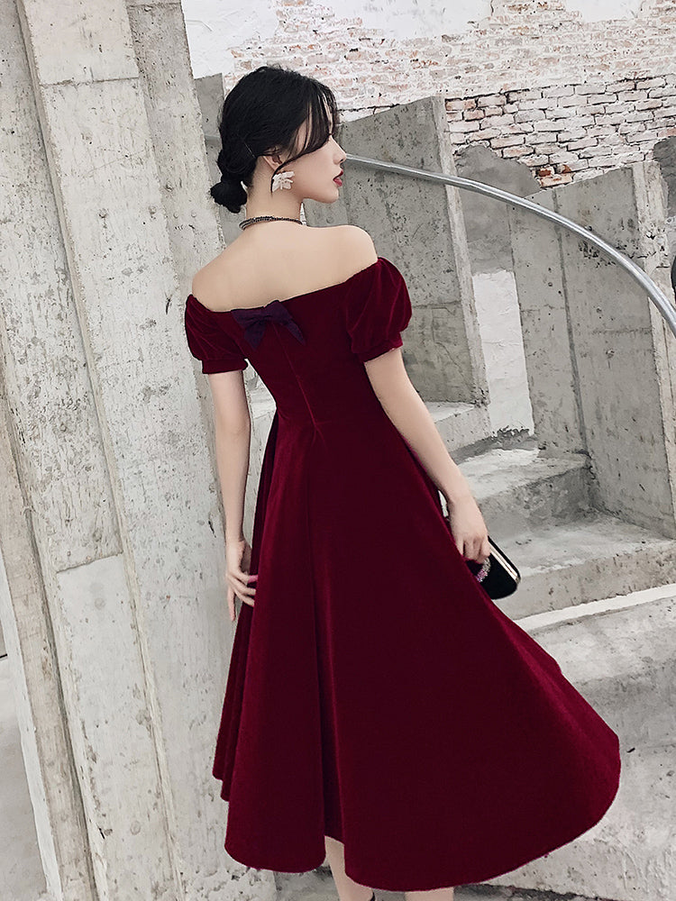 Wine Red Short Velvet Prom Dress Off Shoulder Prom Dress Bridesmaid Dresses