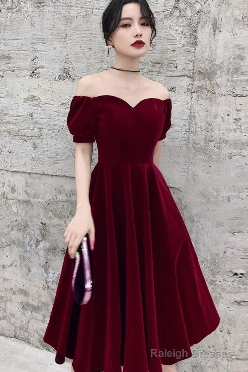 Wine Red Short Velvet Evening Dresses, Off Shoulder Prom Dresses Bridesmaid Dress Main image