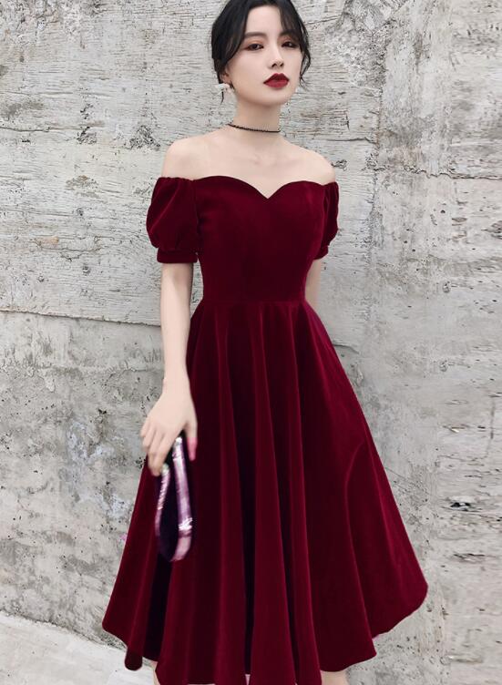Wine Red Short Velvet Evening Dresses, Off Shoulder Prom Dresses Bridesmaid Dress