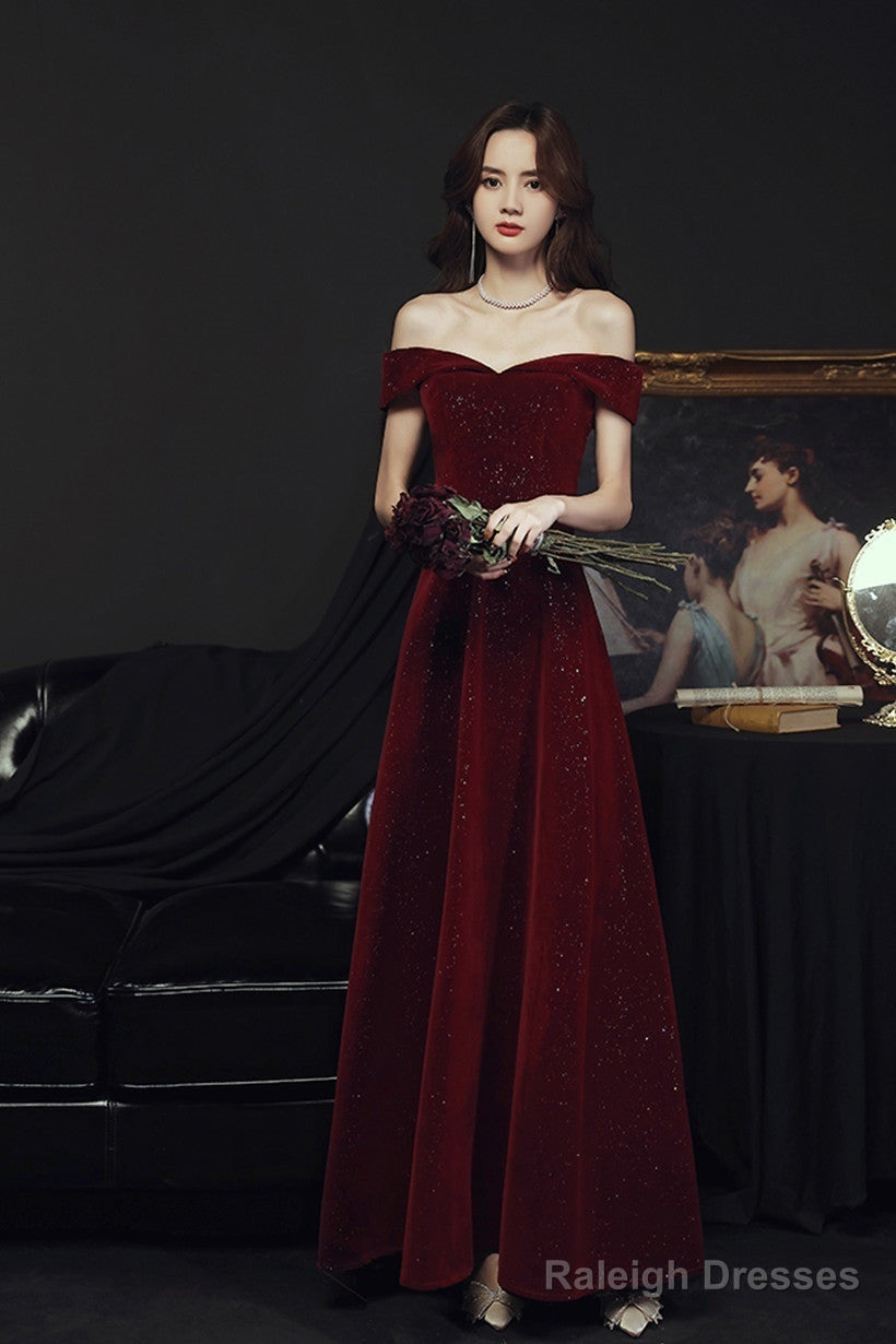 Wine Red Simple Velvet Off Shoulder Prom Dress, Wine Red Wedding Party Dress Main image