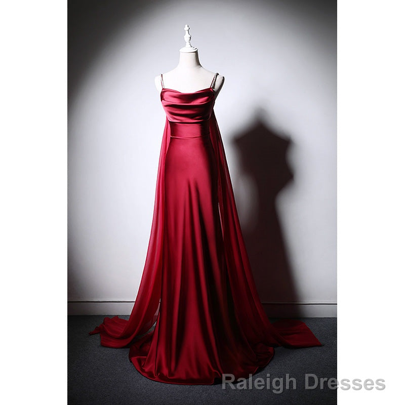 Wine Red Soft Satin Long Straps Long A-line Prom Dress, Wine Red Evening Dress