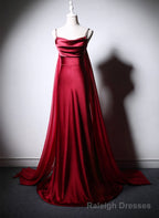 Wine Red Soft Satin Long Straps Long A-line Prom Dress, Wine Red Evening Dress
