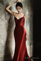 Wine Red Soft Satin Straps V-Neckline Party Dress, Wine Red Evening Dress