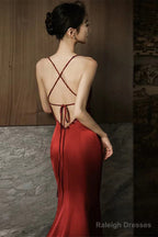 Wine Red Soft Satin Straps V-Neckline Party Dress, Wine Red Evening Dress