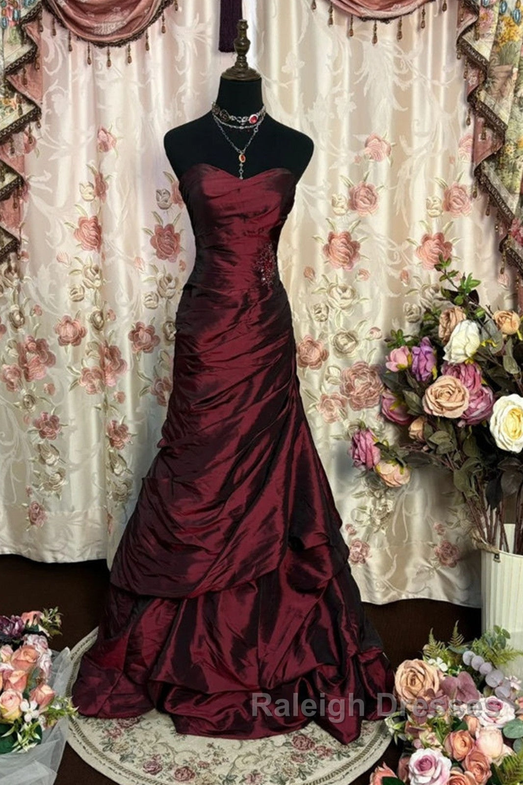 Wine Red Strapless Long Taffeta Sweet 16 Dress, Wine Red Sweetheart Prom Dress Formal Gown Secondary image