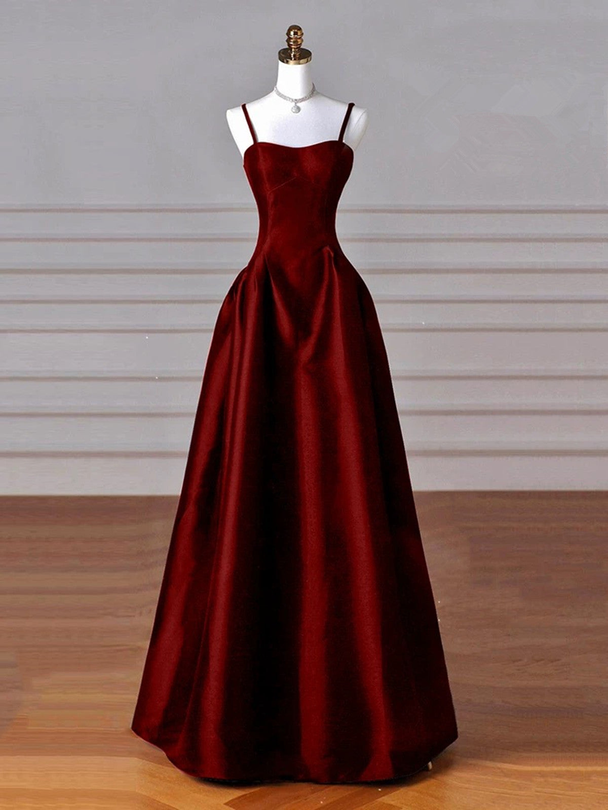Wine Red Straps A-Line Floor Length Simple Prom Dresses Wine Red Satin Prom Dresses Main image