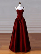 Wine Red Straps A-Line Floor Length Simple Prom Dresses Wine Red Satin Prom Dresses