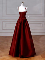 Wine Red Straps A-Line Floor Length Simple Prom Dresses Wine Red Satin Prom Dresses