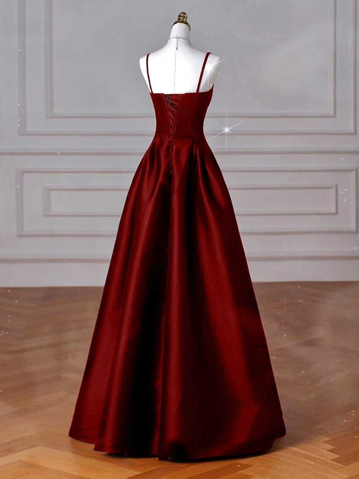 Wine Red Straps A-Line Floor Length Simple Prom Dresses Wine Red Satin Prom Dresses