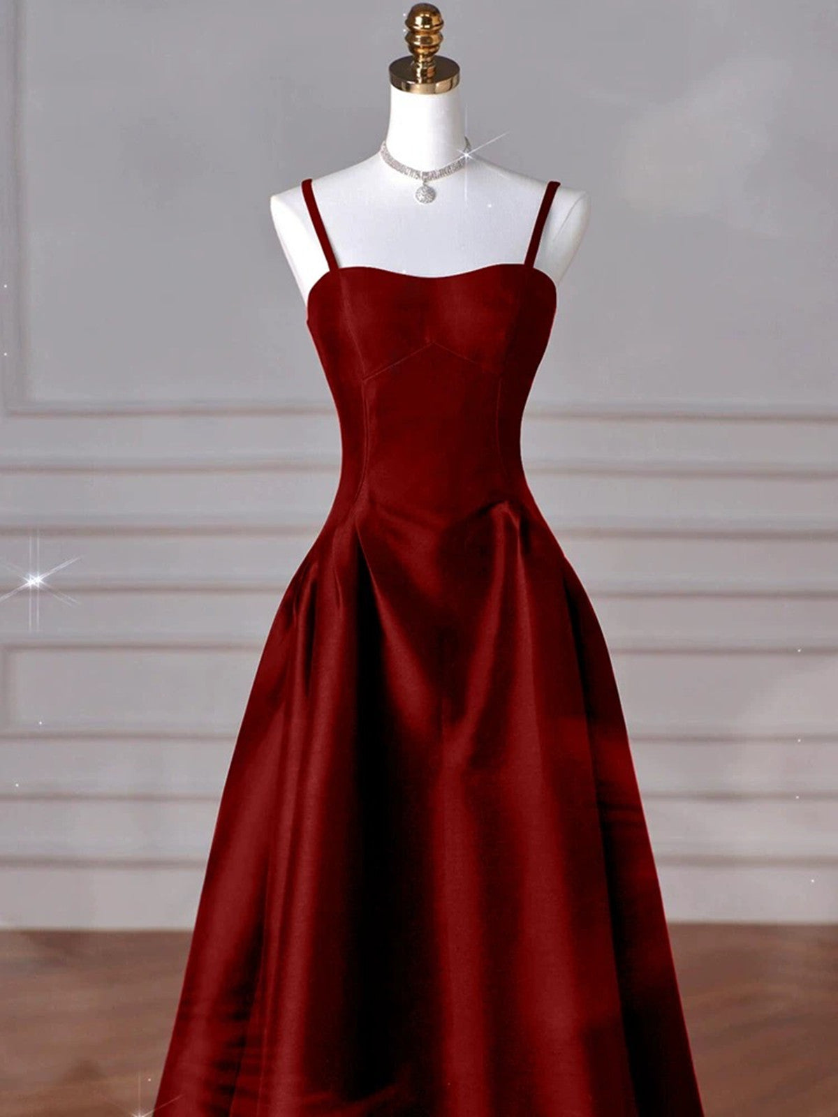 Wine Red Straps A-Line Floor Length Simple Prom Dresses Wine Red Satin Prom Dresses
