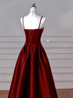 Wine Red Straps A-Line Floor Length Simple Prom Dresses Wine Red Satin Prom Dresses