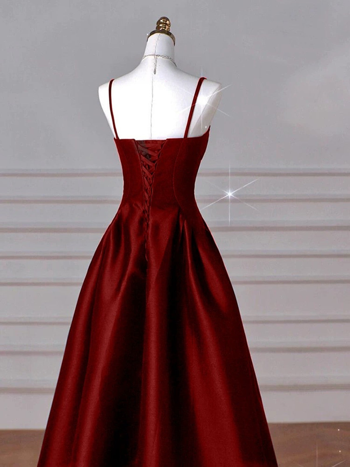 Wine Red Straps A-Line Floor Length Simple Prom Dresses Wine Red Satin Prom Dresses