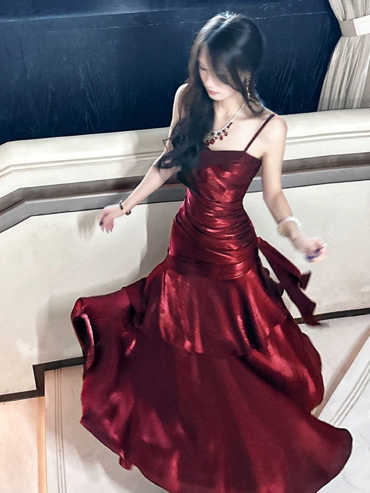 Wine Red Straps Mermaid Long Party Dress, Wine Red Evening Dress Formal Dress Main image