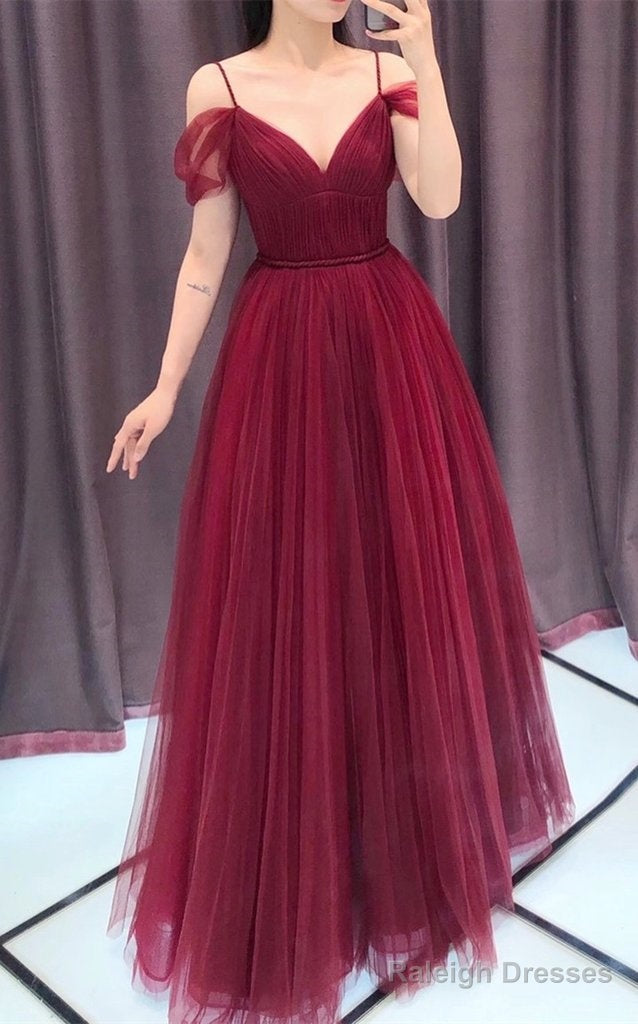 Wine Red Straps Off Shoulder A-Line Tulle Evening Dress Party Dress, Dark Red Prom Dress Formal Gown Main image