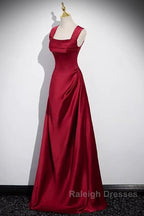 Wine Red Straps Satin Scoop Floor Length Prom Dress, Wine Red Long Evening Dress