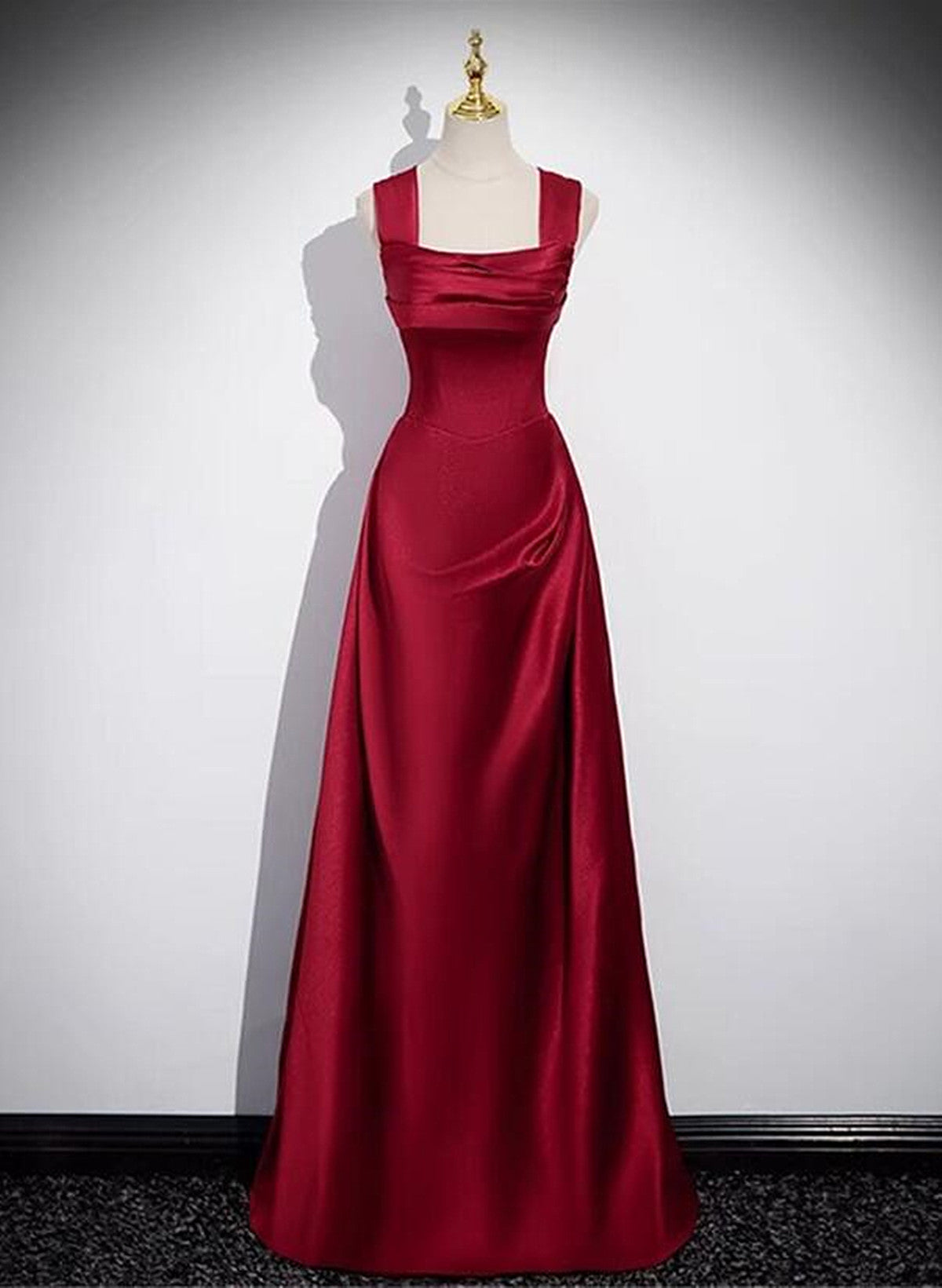 Wine Red Straps Satin Scoop Floor Length Prom Dress, Wine Red Long Evening Dress Main image