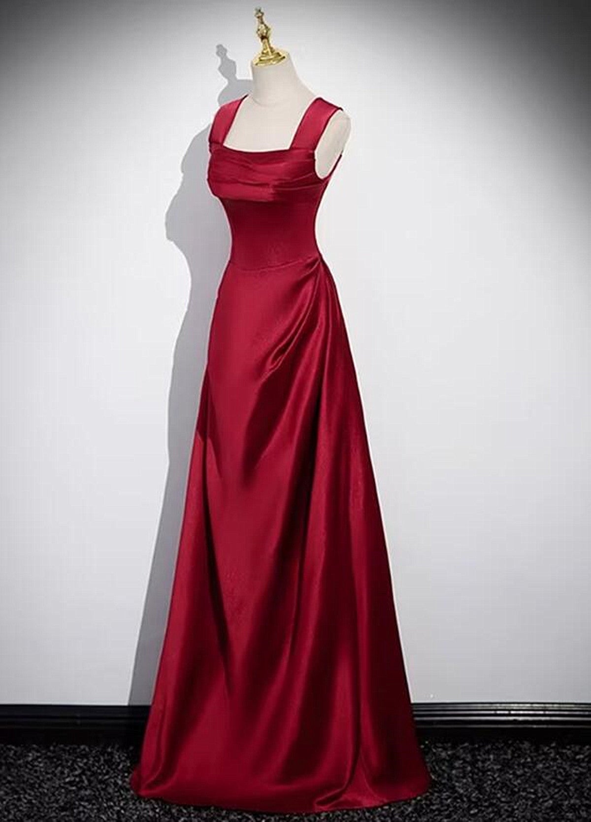 Wine Red Straps Satin Scoop Floor Length Prom Dress, Wine Red Long Evening Dress Secondary image