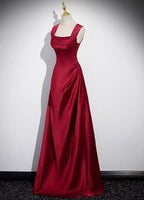 Wine Red Straps Satin Scoop Floor Length Prom Dress, Wine Red Long Evening Dress