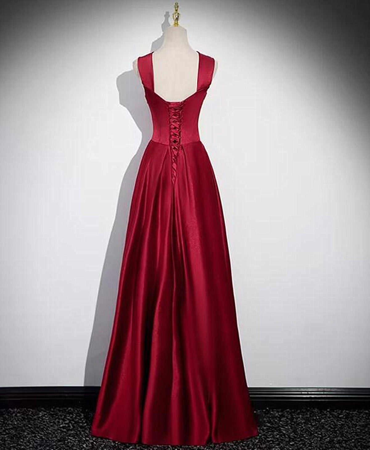 Wine Red Straps Satin Scoop Floor Length Prom Dress, Wine Red Long Evening Dress