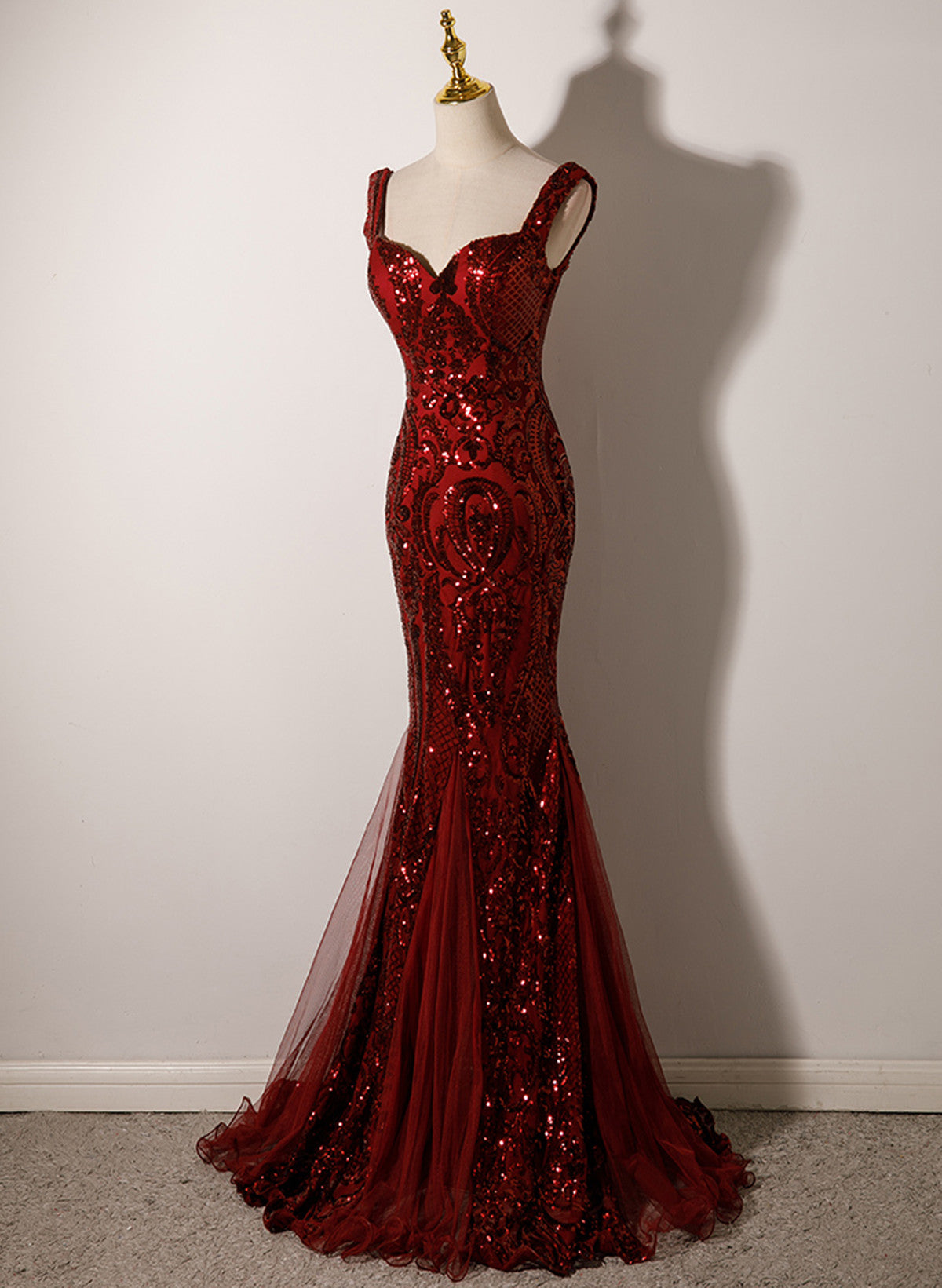 Wine Red Straps Sweetheart Mermaid Long Prom Dresses Wine Red Sequins Prom Dresses Main image