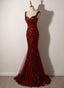 Wine Red Straps Sweetheart Mermaid Long Prom Dresses Wine Red Sequins Prom Dresses